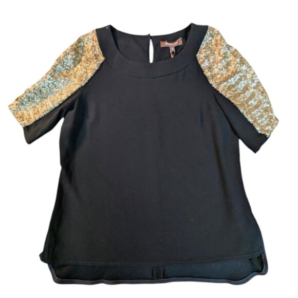 NWT Melanie Lyne Crepe Top with Gold Sequined Sleeves - Picture 6 of 9